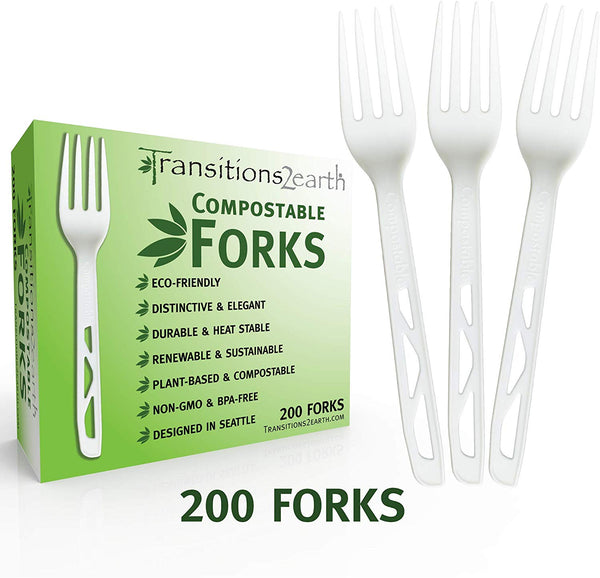 Transitions2earth Compostable Forks - Made from Corn - Box of 200 (7.7 Inches) - White - Large, Heavyweight, Plant based, Non-GMO, Earth Friendly, Heavy Duty, Heat Resistant, Biodegradable Cutlery