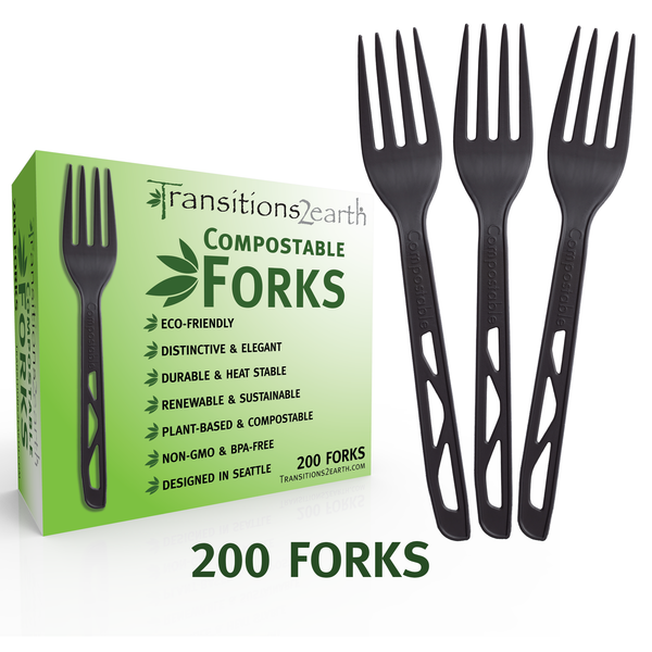 Transitions2earth Compostable Forks - Made from Corn - Box of 200 (7.7 Inches) - Black - Large, Heavyweight, Plant based, Non-GMO, Earth Friendly, Heavy Duty, Heat Resistant, Biodegradable Cutlery