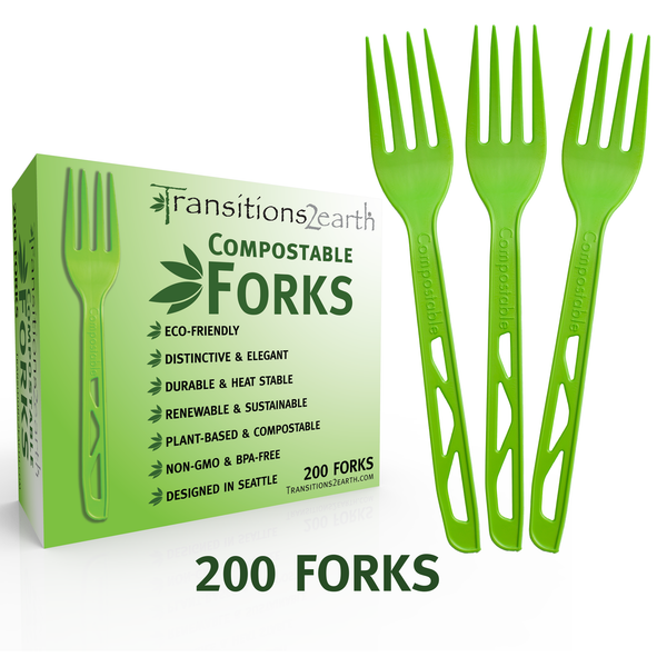 Transitions2earth Compostable Forks - Made from Corn - Box of 200 (7.7 Inches) - Green - Large, Heavyweight, Plant based, Non-GMO, Earth Friendly, Heavy Duty, Heat Resistant, Biodegradable Cutlery
