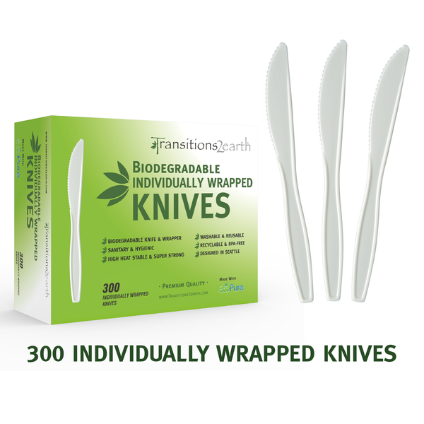 Transitions2earth Biodegradable EcoPure Economy Individually Wrapped Knives- Box of 300 (6.7 Inches) - Earth-Friendly, BPA-Free, Heavy Duty, Heat Resistant, Recyclable Utensils