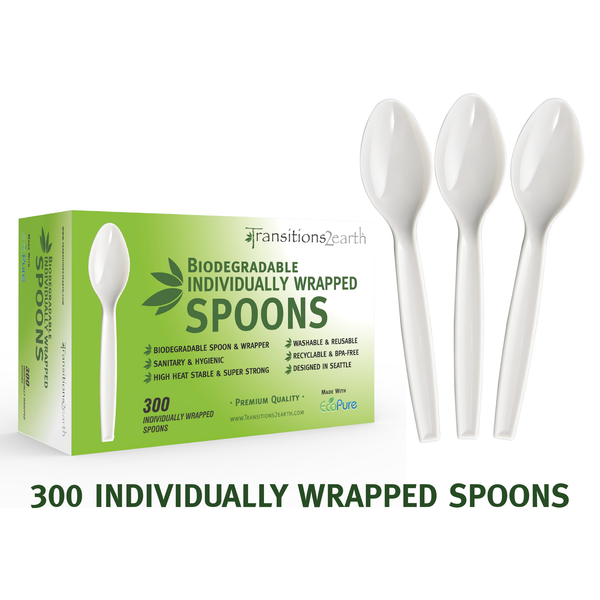 Transitions2earth Biodegradable EcoPure Economy Individually Wrapped Spoons  - Box of 300 (6 Inches) - Earth-Friendly, BPA-Free, Heavy Duty, Heat