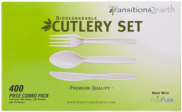 Transitions2earth Biodegradable EcoPure Fork, Knife, Spoon Combo Pack - Box of 400 (200 Forks + 130 Spoons + 70 Knives) - Earth-Friendly, BPA-Free, Heavy Duty, Heat Resistant, Recyclable Utensils