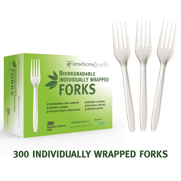 Transitions2earth Biodegradable EcoPure Economy Individually Wrapped Forks - Box of 300 (6.5 Inches) - Earth-Friendly, BPA-Free, Heavy Duty, Heat Resistant, Recyclable Utensils