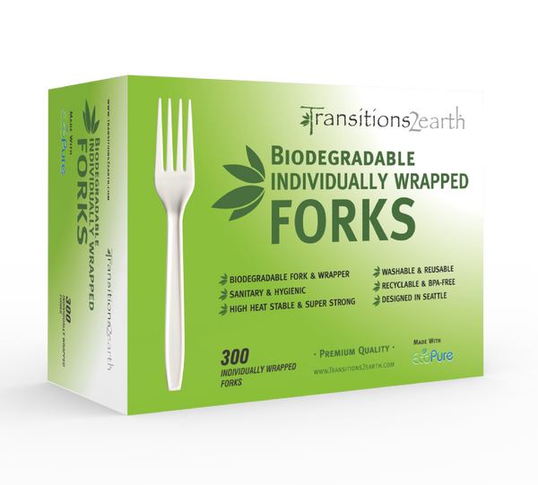 Transitions2earth Biodegradable EcoPure Economy Individually Wrapped Forks - Box of 300 (6.5 Inches) - Earth-Friendly, BPA-Free, Heavy Duty, Heat Resistant, Recyclable Utensils