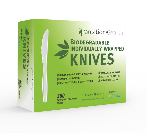 Transitions2earth Biodegradable EcoPure Economy Individually Wrapped Knives- Box of 300 (6.7 Inches) - Earth-Friendly, BPA-Free, Heavy Duty, Heat Resistant, Recyclable Utensils