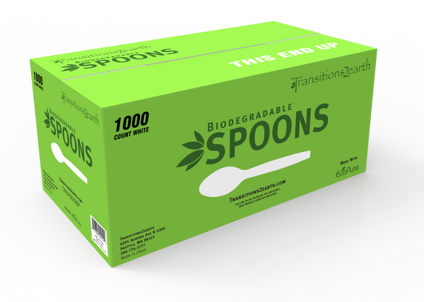 Transitions2earth Biodegradable EcoPure Economy LIGHTWEIGHT Spoons - Box of 1000 - Earth-Friendly, BPA-Free, Heat Resistant, Reycable Utensils